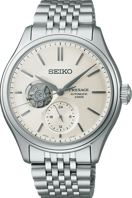 萬年鐘錶 - SEIKO Presage  絲綢感面盤職人系列開芯不鏽鋼機械3日鍊男錶 SPB469J1 / 6R5J-00C0S 錶徑40.2MM