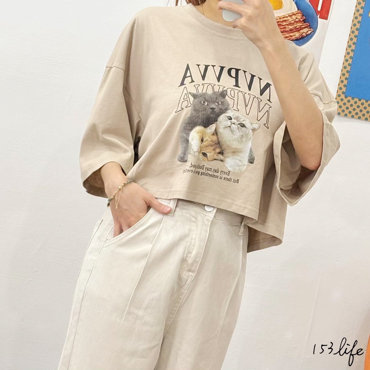 |現貨|厭世貓貓落肩寬鬆短版T(2色)