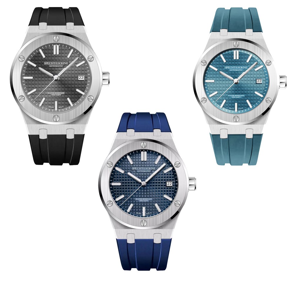 (預購)【SPECHT&SOHNE 施沛索恩】SP0016 動力儲存48小時 帶日期 立體格紋 矽膠錶帶 夜光機械錶 手錶