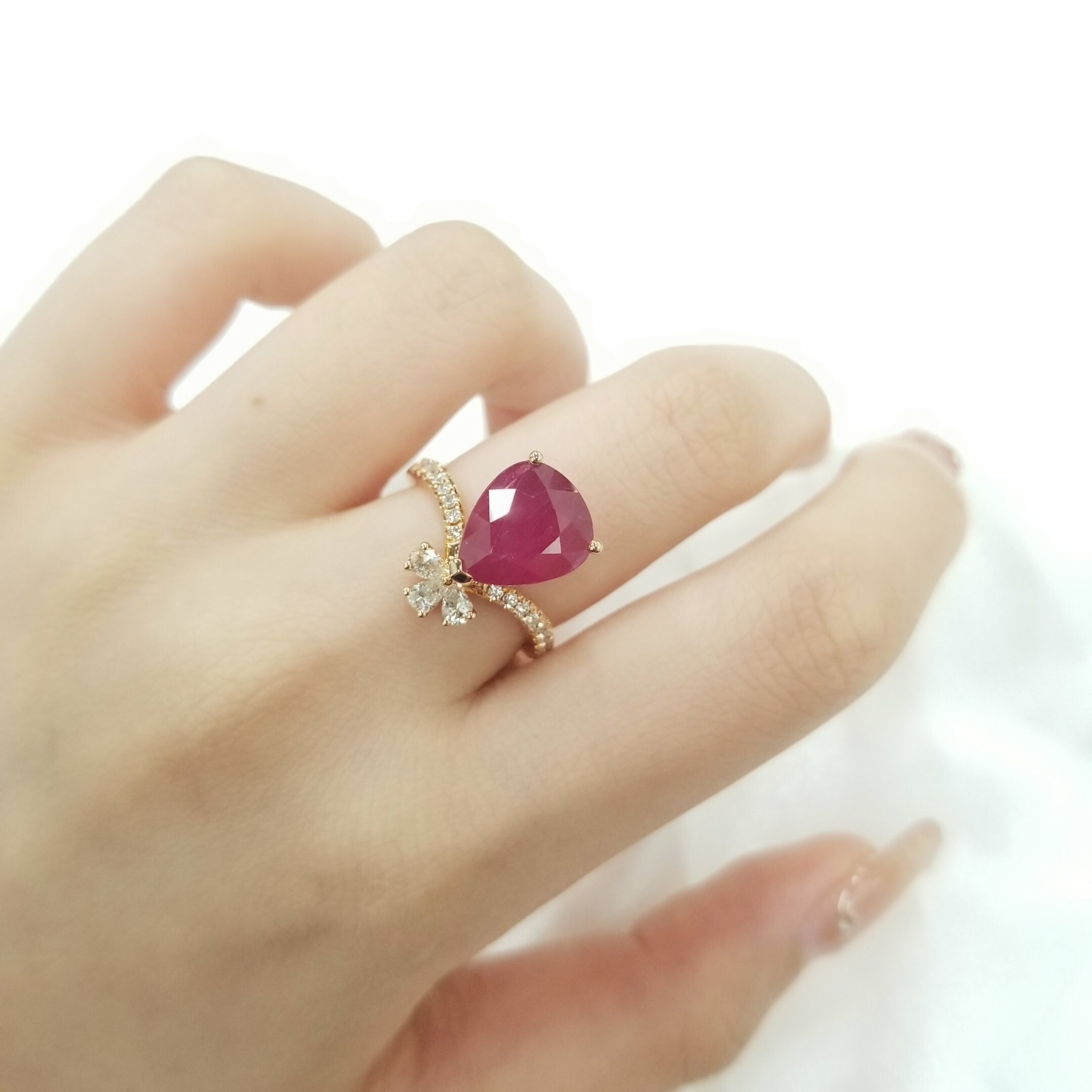 18K Rose Gold 5.13ct Pear Shaped Ruby and Diamond Ring