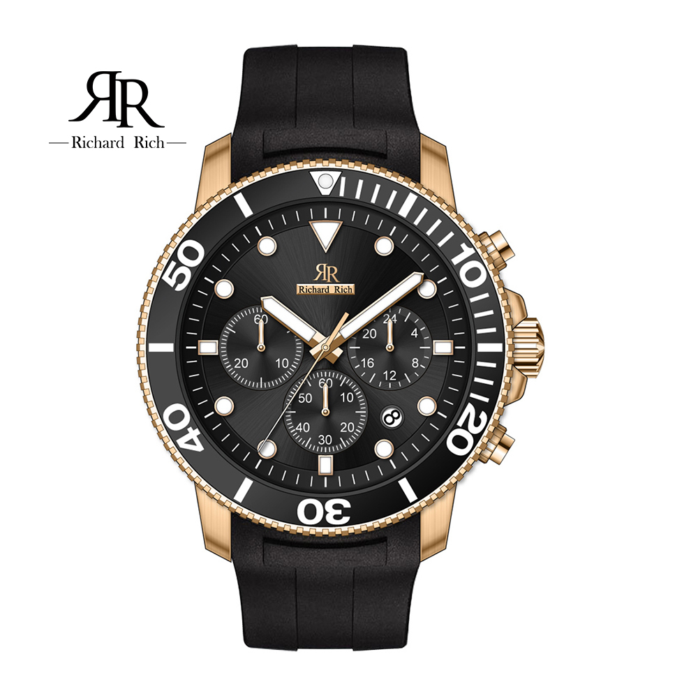 【Richard Rich】RR 陶瓷三眼系列 海洋之星 玫金 計時三眼 陶瓷圈 潛水錶 矽膠腕錶