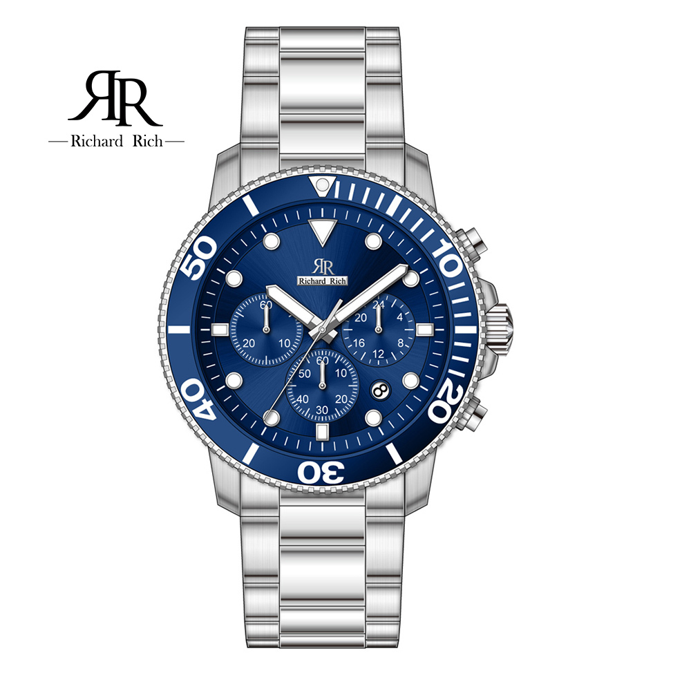 【Richard Rich】RR 陶瓷三眼系列 海洋之星 銀藍 計時三眼 陶瓷圈 潛水錶 不鏽鋼腕錶