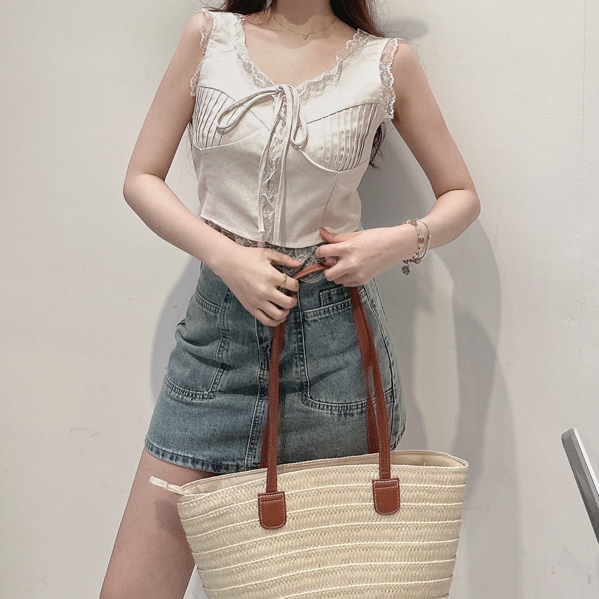 棉麻蕾絲邊綁結背心/二色