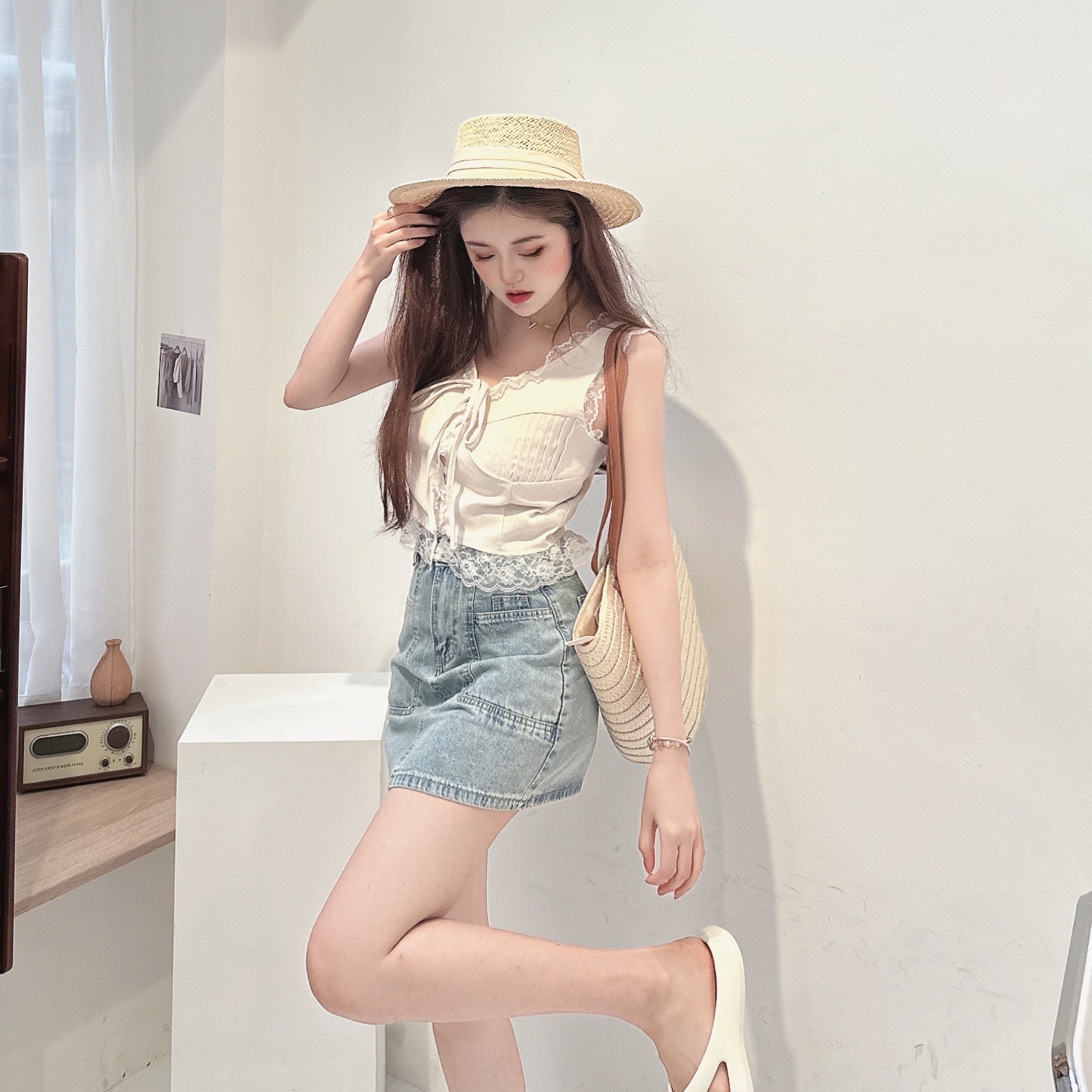 棉麻蕾絲邊綁結背心/二色