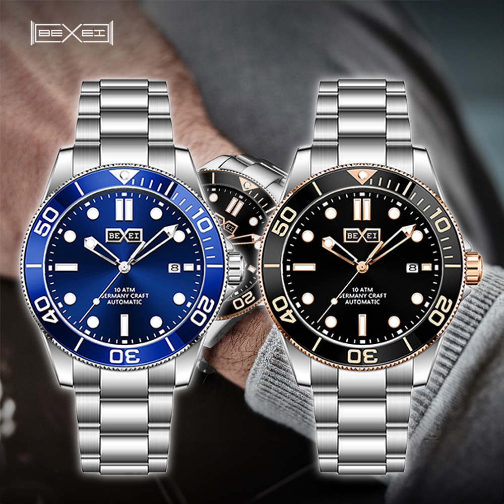 【BEXEI 貝克斯】9062 水鬼 防水系列 三針 夜光 日期顯示 銳利光感 不鏽鋼 自動機械錶 手錶