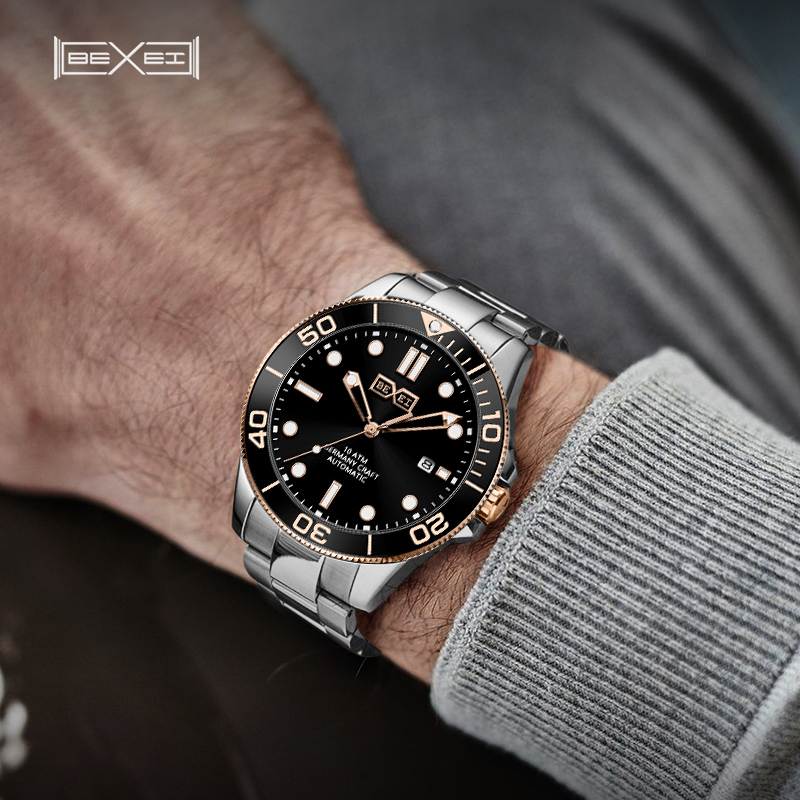 【BEXEI 貝克斯】9062 水鬼 防水系列 三針 夜光 日期顯示 銳利光感 不鏽鋼 自動機械錶 手錶
