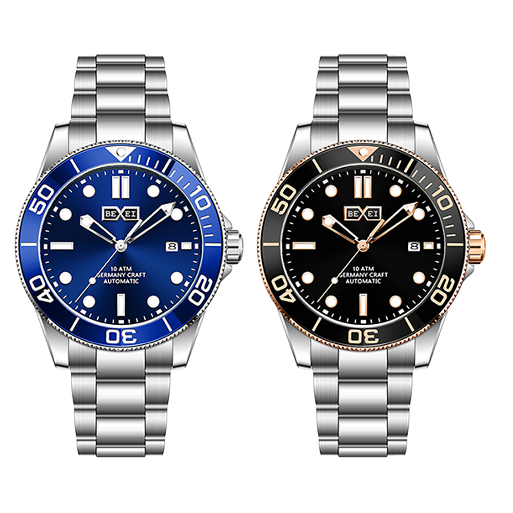 【BEXEI 貝克斯】9062 水鬼 防水系列 三針 夜光 日期顯示 銳利光感 不鏽鋼 自動機械錶 手錶