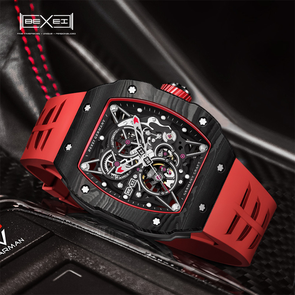 (預購)【BEXEI 五芒星】9068 碳纖維款 雙面鏤空 酒桶型 時尚潮流 都市科技 夜店型男 自動機械錶 手錶