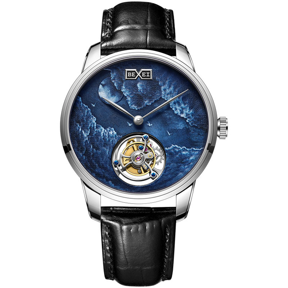 (預購)【BEXEI 貝克斯】9076 穿搭必備 紳士海洋 深邃美感 高尚 陀飛輪 鏤空 皮革錶帶 自動機械錶 手錶