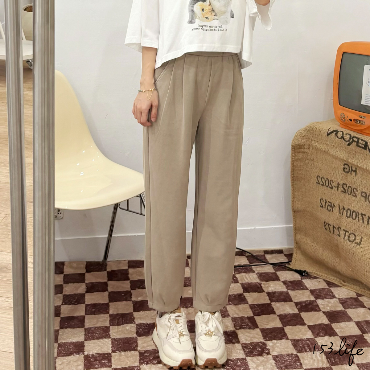 |現貨|奶咖色鬆緊腰顯瘦運動九分束口褲(XXS-L)