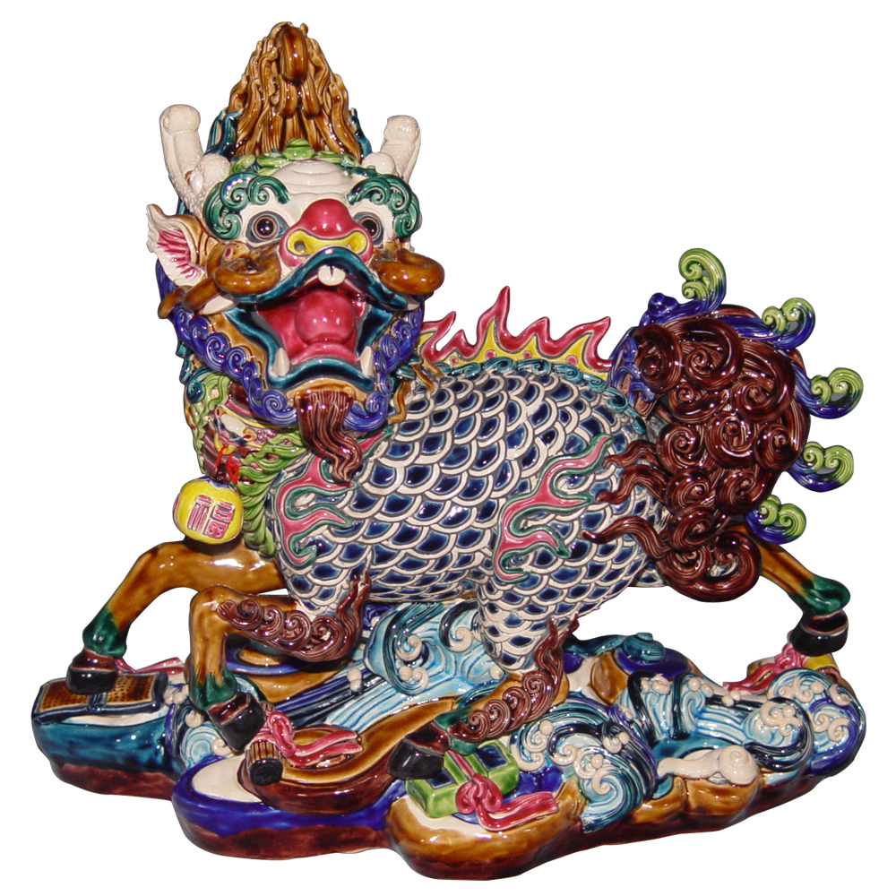 鹿港窯禮品館｜交趾陶四寶麒麟對踏雲