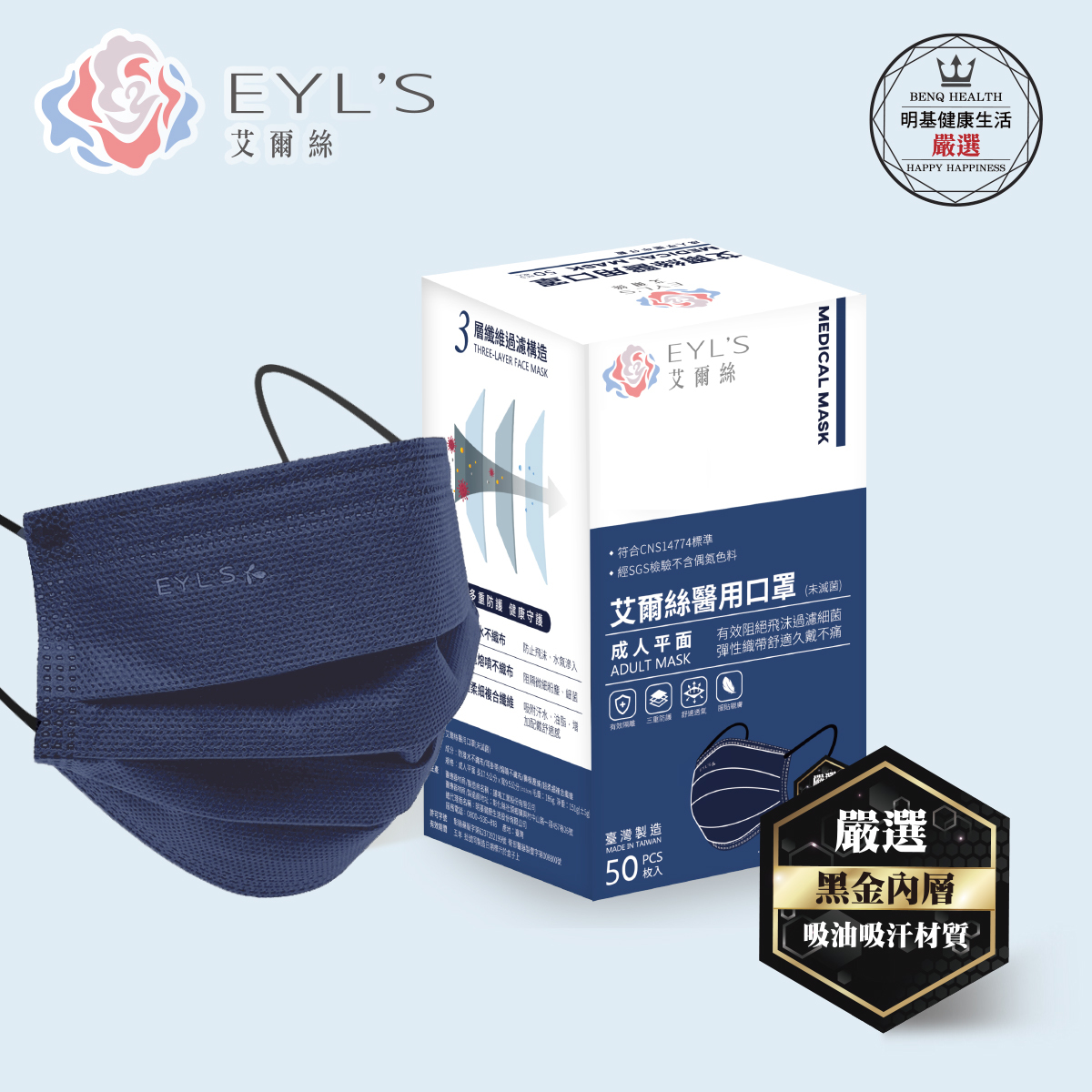 *任4盒399元*【艾爾絲】成人醫療平面口罩50入/盒-牛仔藍（Light輕時尚 大地色系）