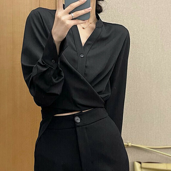 Waist V-neck Long Sleeve Shirt Women's Spring and Autumn (Black [S_XL size] (contact customer service to confirm the shipping size after placing an order)】