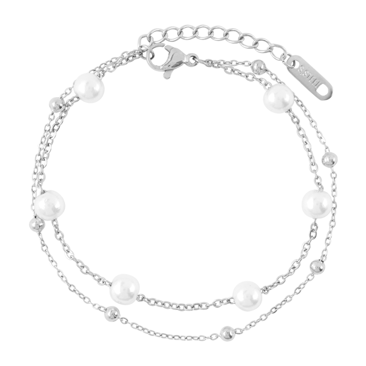 白鋼手鍊，女士手鍊 圓潤珍珠雙鍊設計；象徵純潔與智慧（3778銀色）