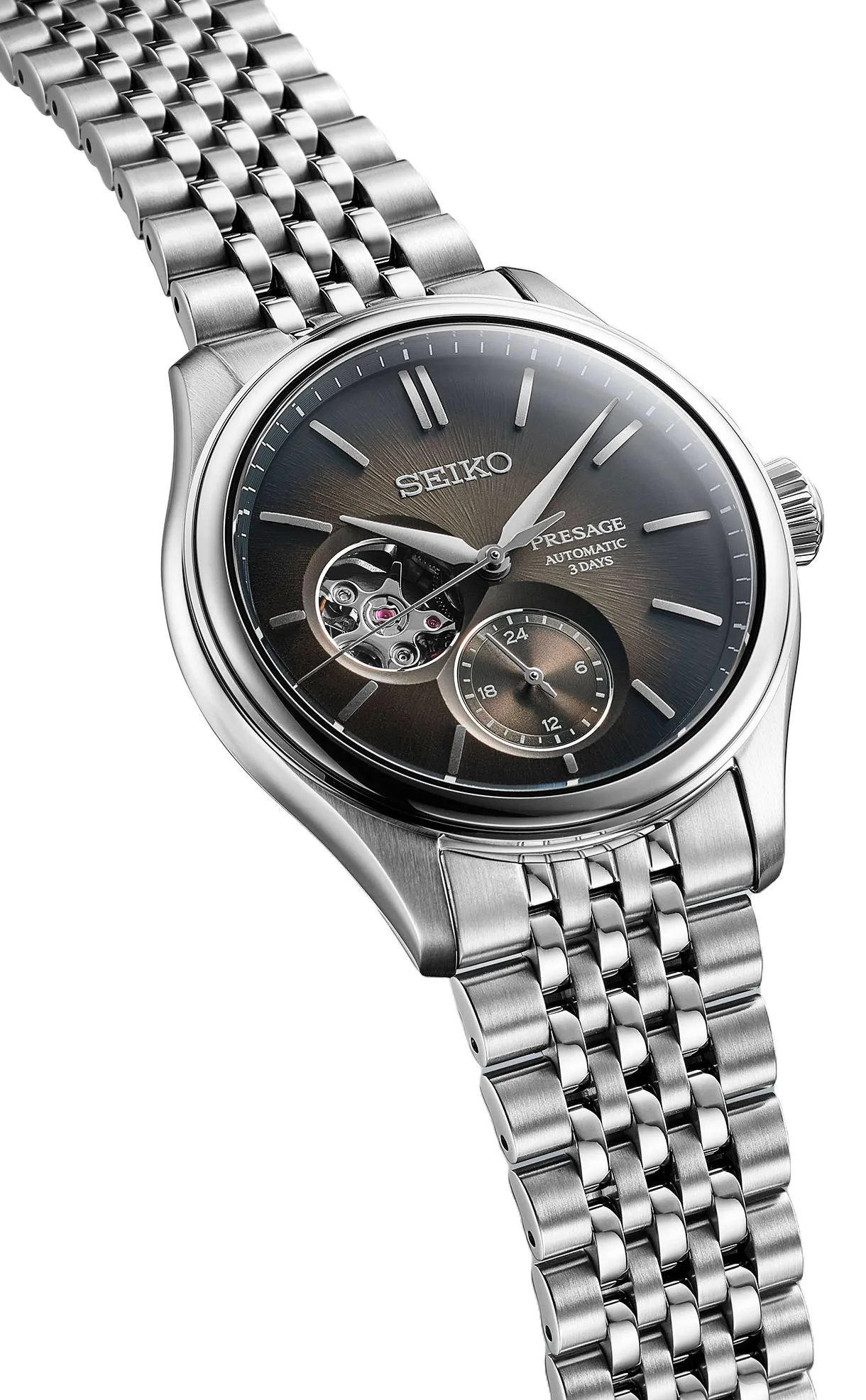 萬年鐘錶 - SEIKO Presage  絲綢感面盤職人系列開芯不鏽鋼機械3日鍊男錶 SPB471J1 / 6R5J-00C0D  錶徑40.2MM