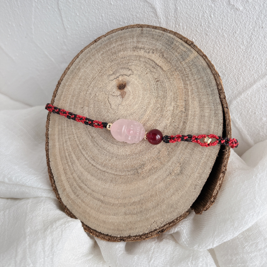 粉晶貔貅及草莓晶．招財人緣手繩