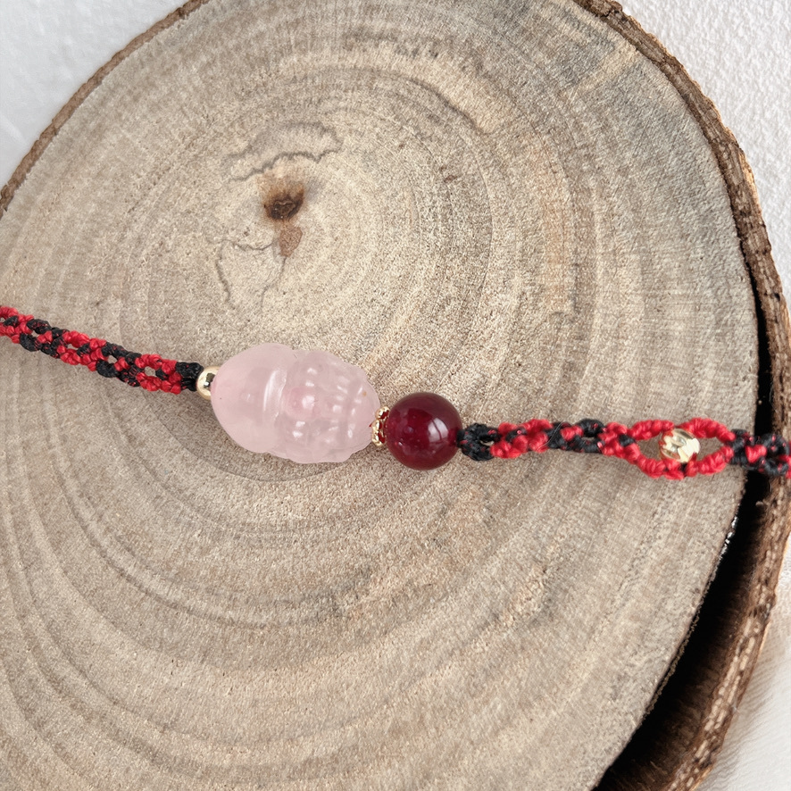 粉晶貔貅及草莓晶．招財人緣手繩