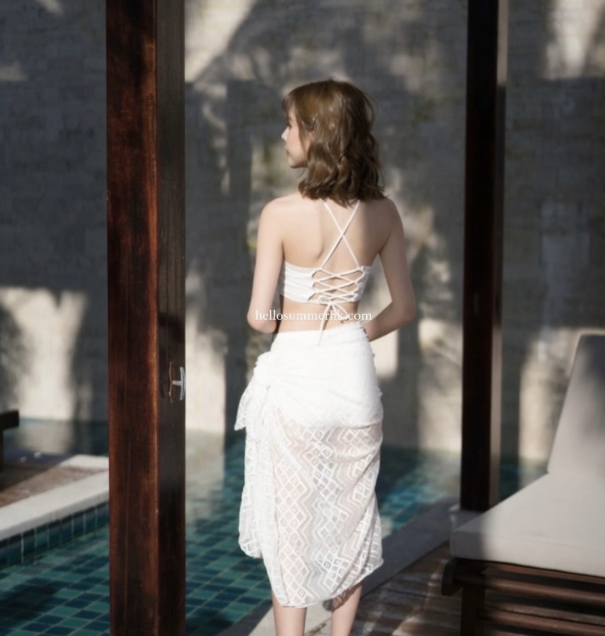 THS555 白色掛頸渡假風泳衣套裝