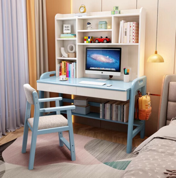 Hot selling solid wood desk bookshelf integrated writing desk computer desk (blue desk + B armchair) (size: 100*60*155cm)