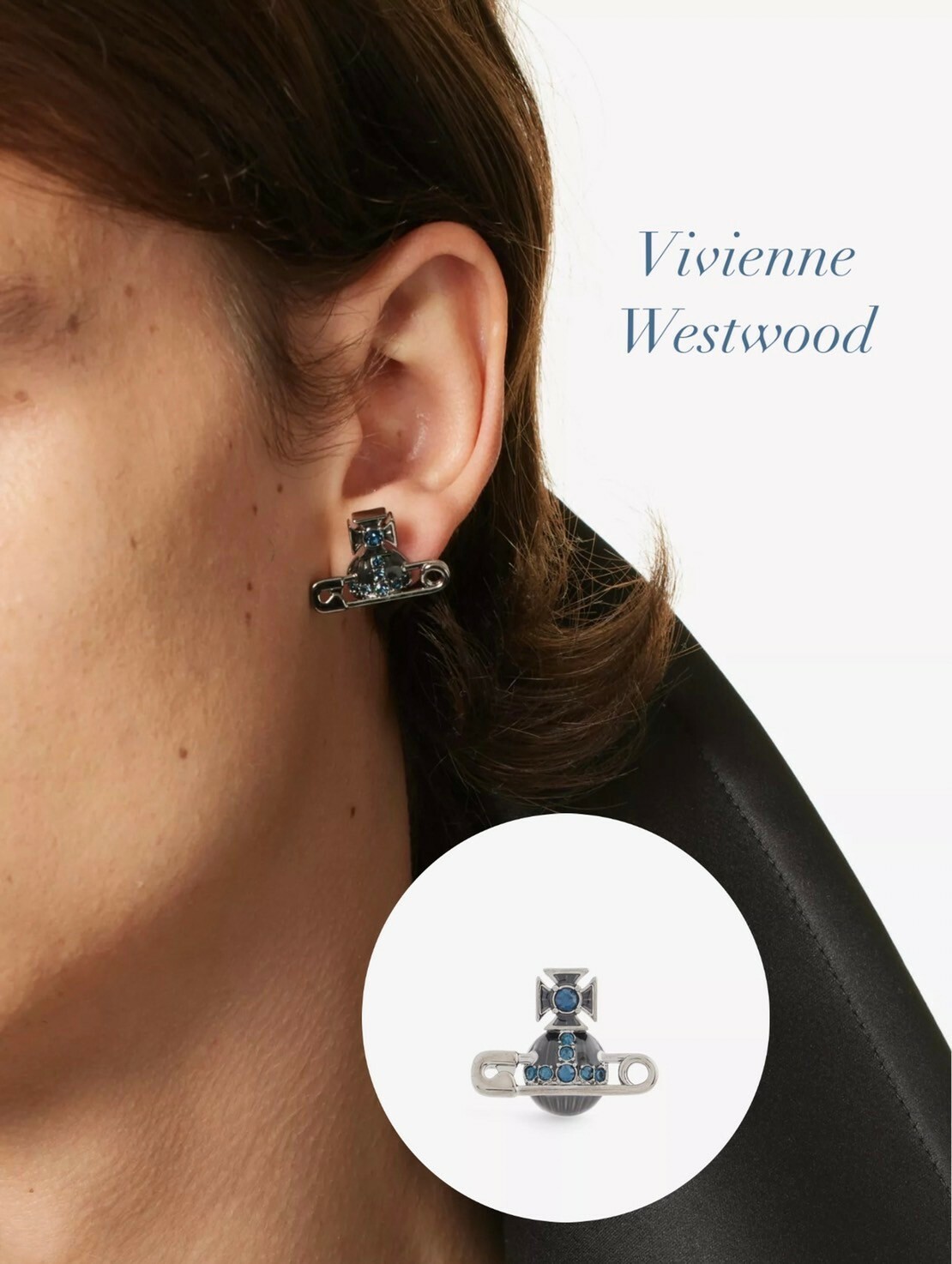 Vivienne Westwood 帶鑽土星Logo 瓷釉別針耳環 槍灰藍 單顆入 西太后