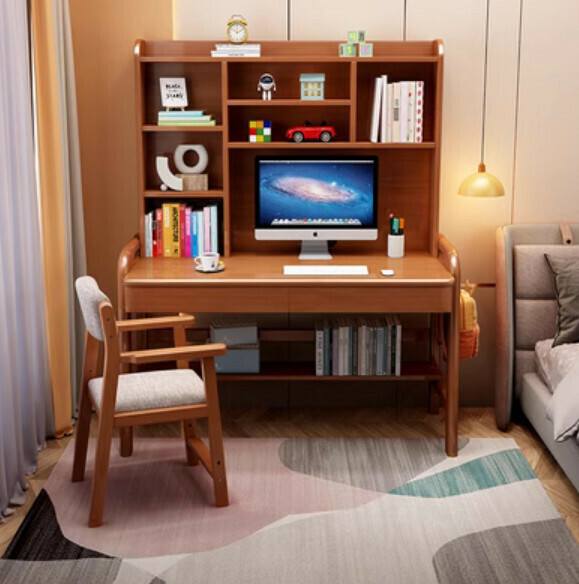 Hot selling solid wood desk bookshelf integrated writing desk computer desk (walnut color desk + B armchair) (size: 100*60*155cm)