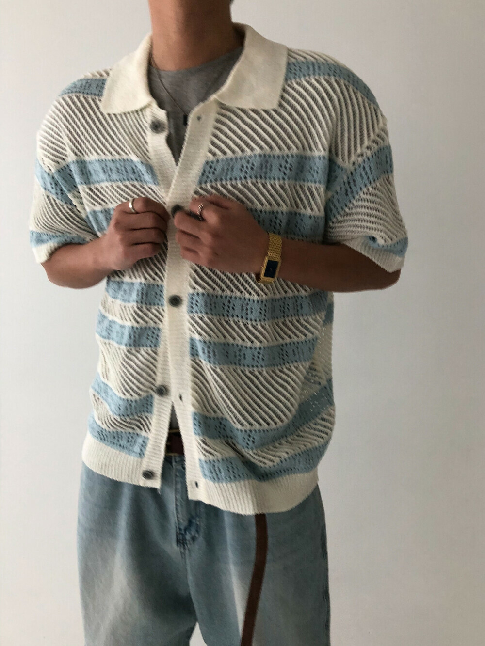 橫條紋鏤空短袖針織開衫