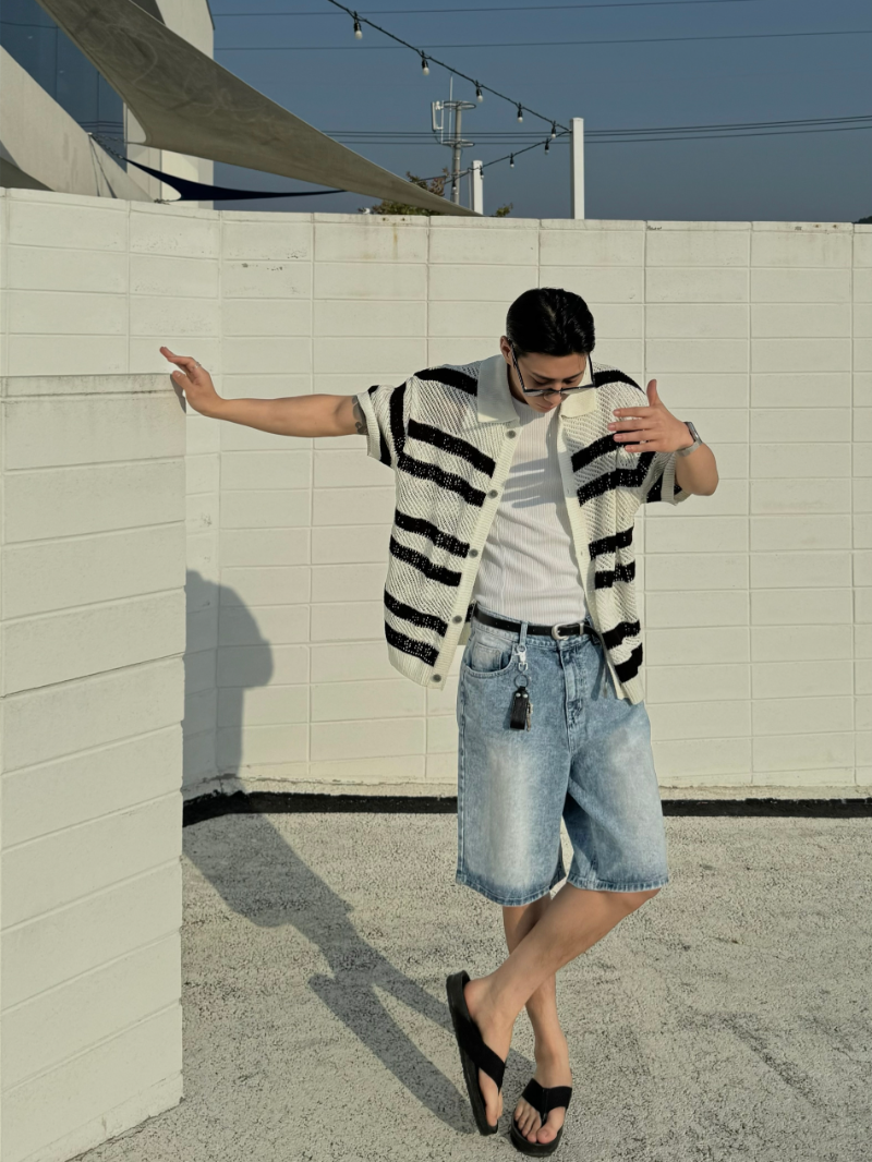 橫條紋鏤空短袖針織開衫