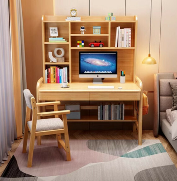 Hot selling solid wood desk bookshelf integrated writing desk computer desk (raw wood desk + B armchair (size: 120*60*155cm))