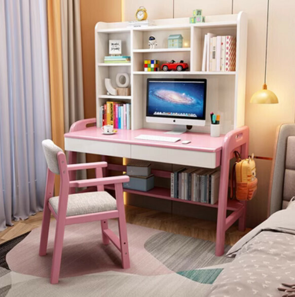 Hot selling solid wood desk bookshelf integrated writing desk computer desk (pink desk + B armchair) (size: 140*60*155cm)