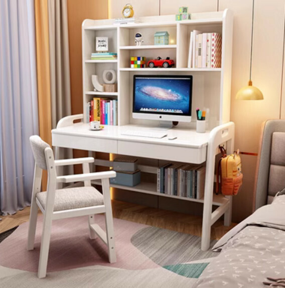 Hot selling all solid wood desk bookshelf integrated study table computer desk (white desk + lift chair) (size: 100*60*155cm)