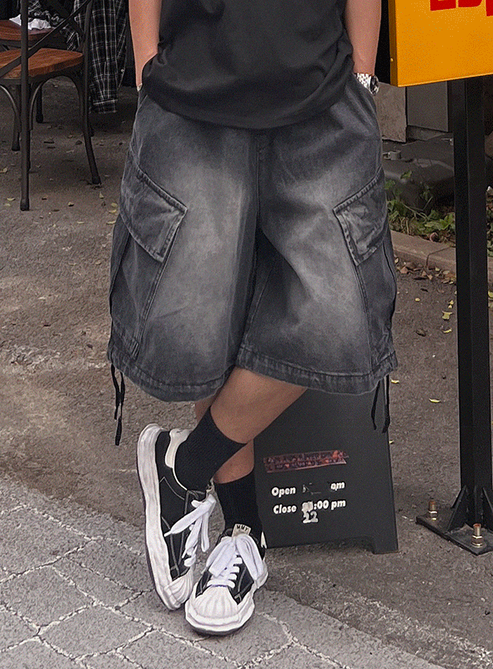 斜線工裝褲底束帶牛仔短褲