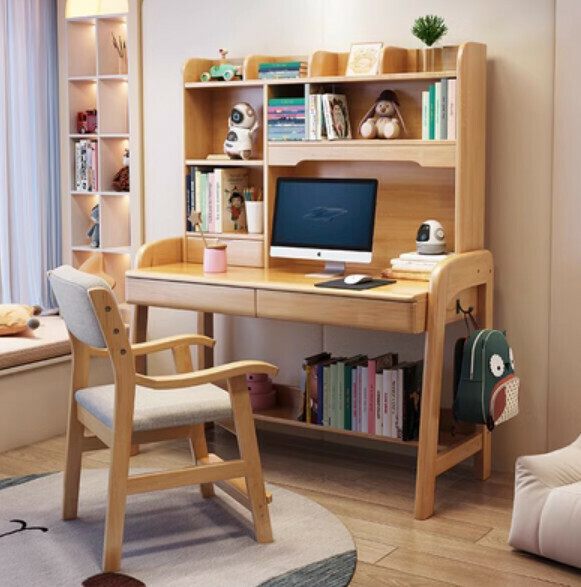 Hot selling all solid wood desk bookshelf integrated study table computer desk (raw wood desk + lift chair) (size: 120*60*155cm)