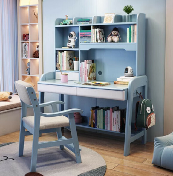 Hot selling all solid wood desk bookshelf integrated study table computer desk (blue desk + lift chair) (size: 120*60*155cm)