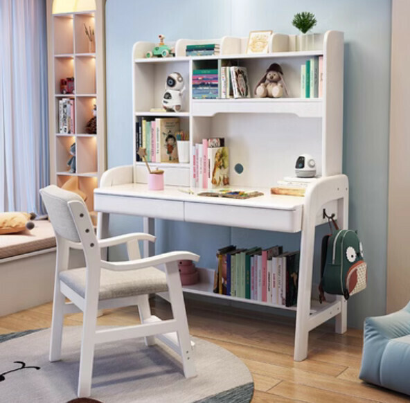 Hot selling all solid wood desk bookshelf integrated study table computer desk (white desk + lift chair) (size: 140*60*155cm)