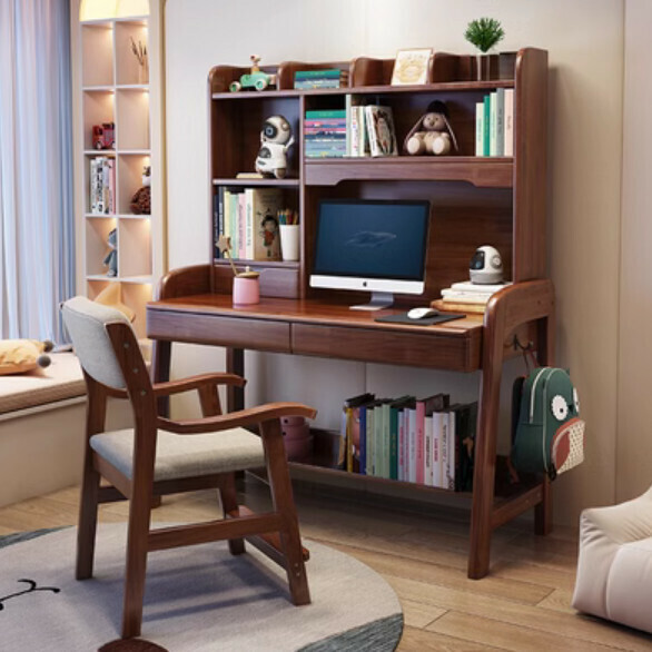 Hot selling all solid wood desk bookshelf integrated study table computer desk (walnut desk + lift chair) (size: 120*60*155cm)