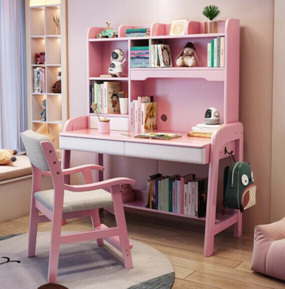 Hot selling all solid wood desk bookshelf integrated study table computer desk (pink desk + lift chair) (size: 120*60*155cm)