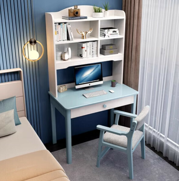 Hot selling solid wood desk bookcase bookshelf integrated desk computer table (blue single table + B armchair) (size: 70*60*180cm)