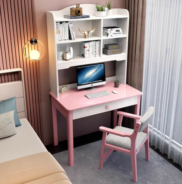 Hot selling solid wood desk bookcase bookshelf integrated desk computer table (pink single table + B armchair) (size: 70*60*180cm)