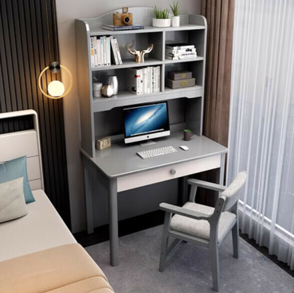 Hot selling solid wood desk bookcase bookshelf integrated desk computer desk (grey single table + B armchair) (size: 70*60*180cm)