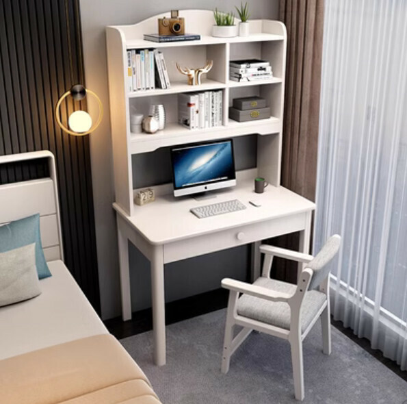 Hot selling solid wood desk bookcase bookshelf integrated desk computer table (white single table + B armchair) (size: 80*60*180cm)