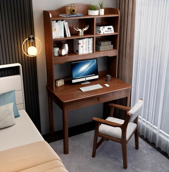 Hot selling solid wood desk bookcase bookshelf integrated desk computer table (walnut color single table + B armchair) (size: 100*60*180cm)