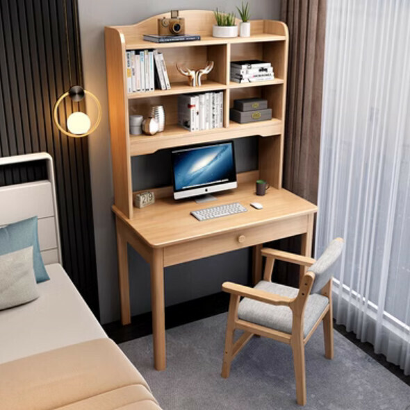 Hot selling solid wood desk, bookcase, bookshelf, integrated desk, computer desk (raw wood color single table + B armchair) (size: 100*60*180cm)