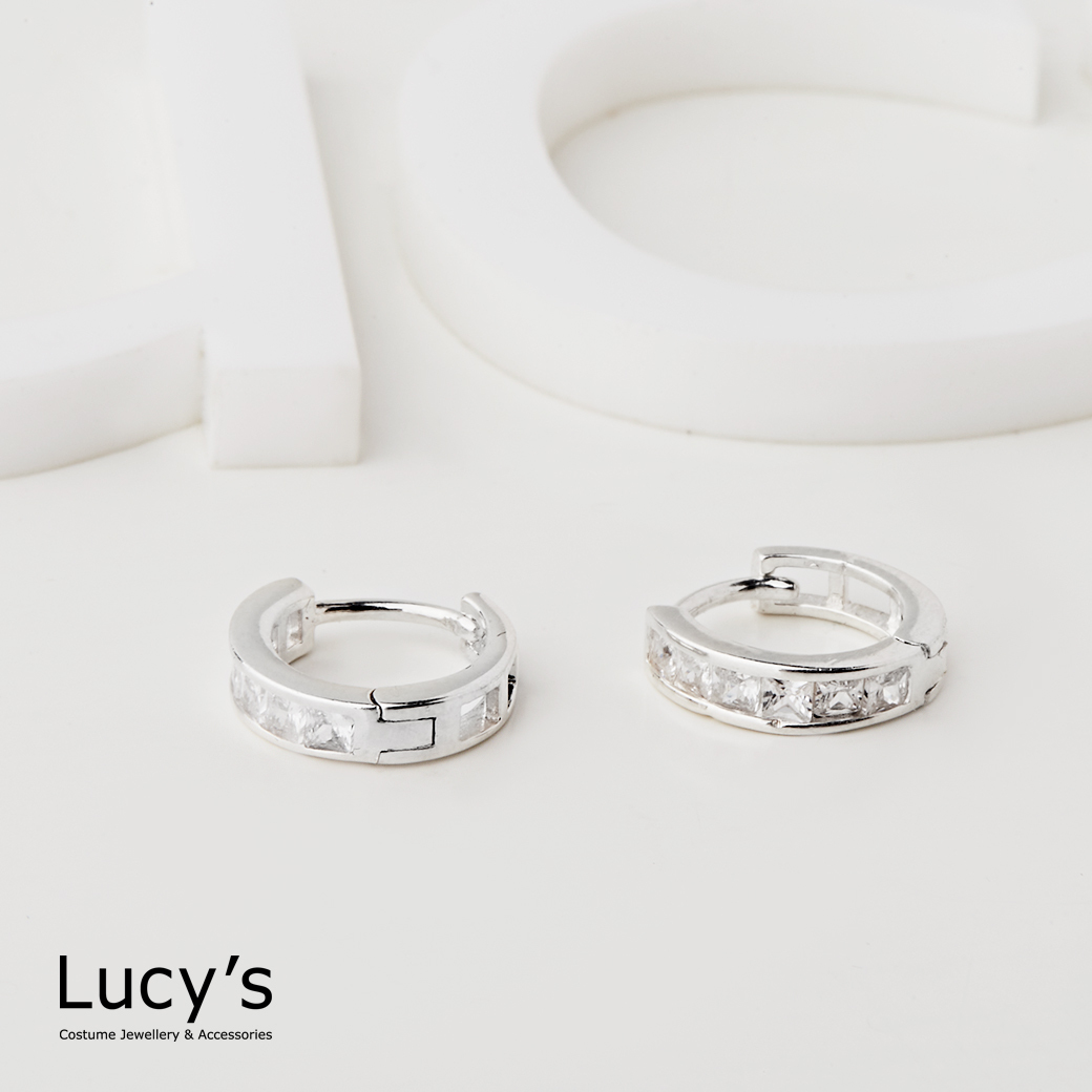 925純銀 排鑽簡約小圈 易扣耳環 (113178)