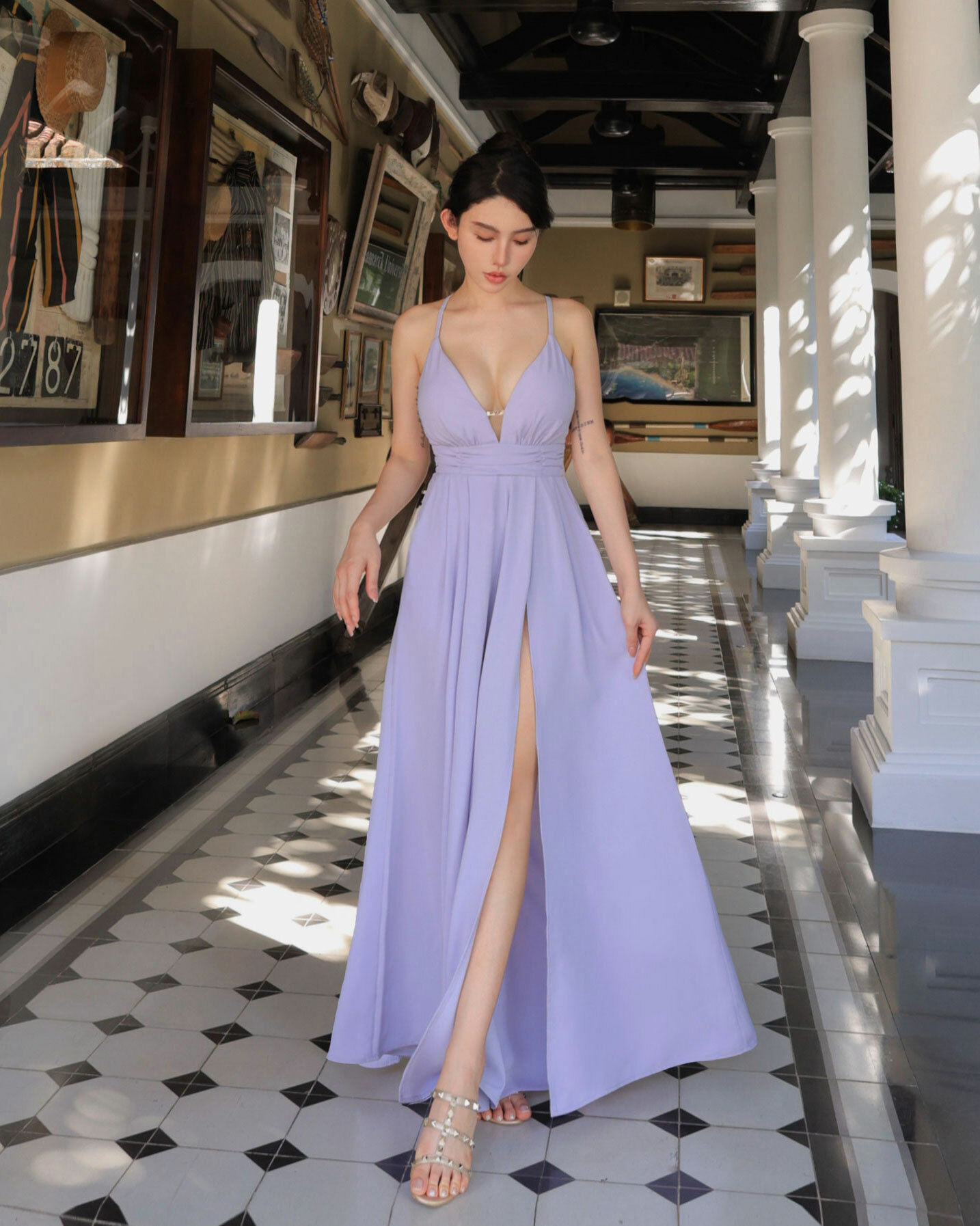 訂製-細肩美背低胸雪紡連身褲裝