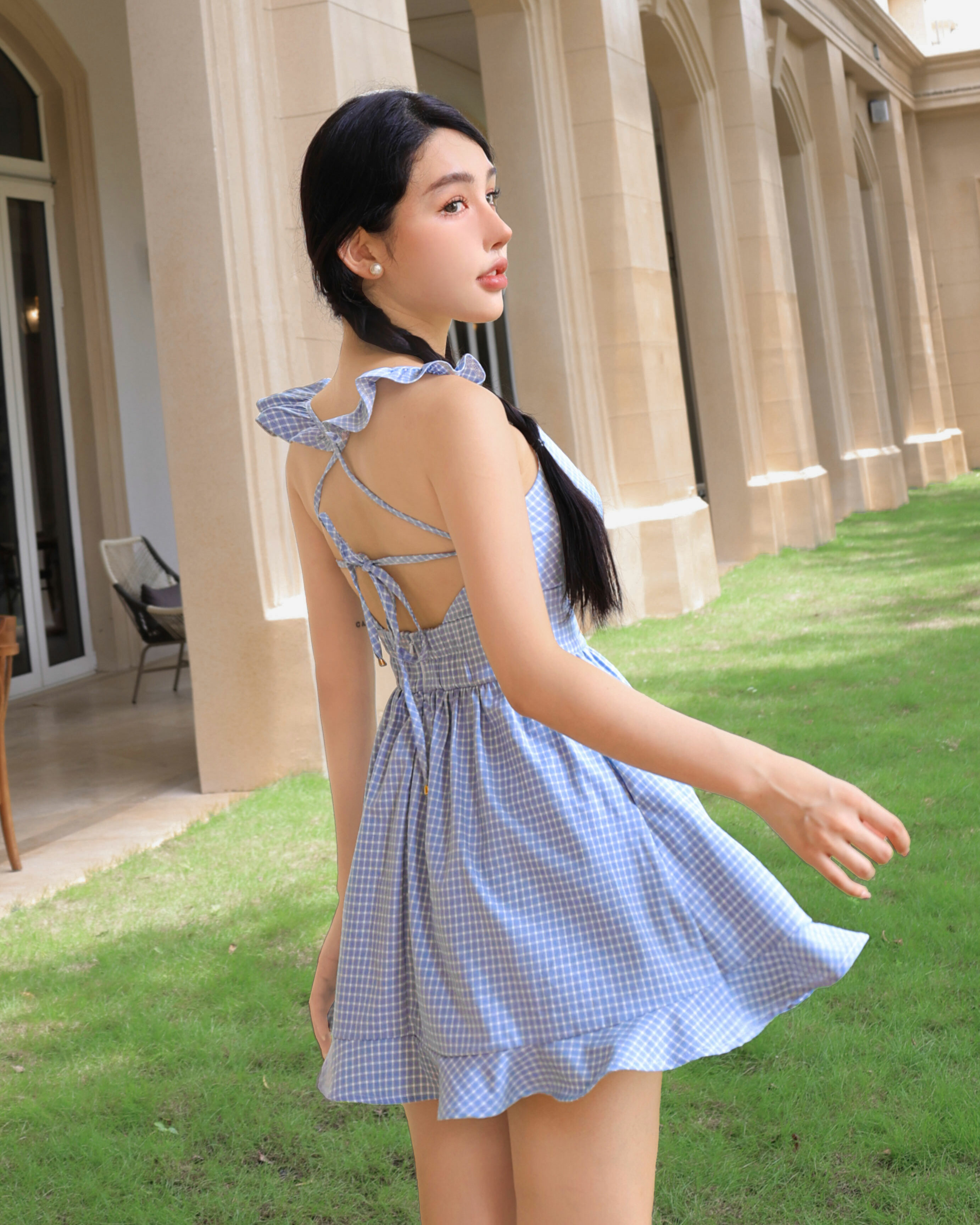 ⭒訂製-甜美格紋美背荷葉傘洋