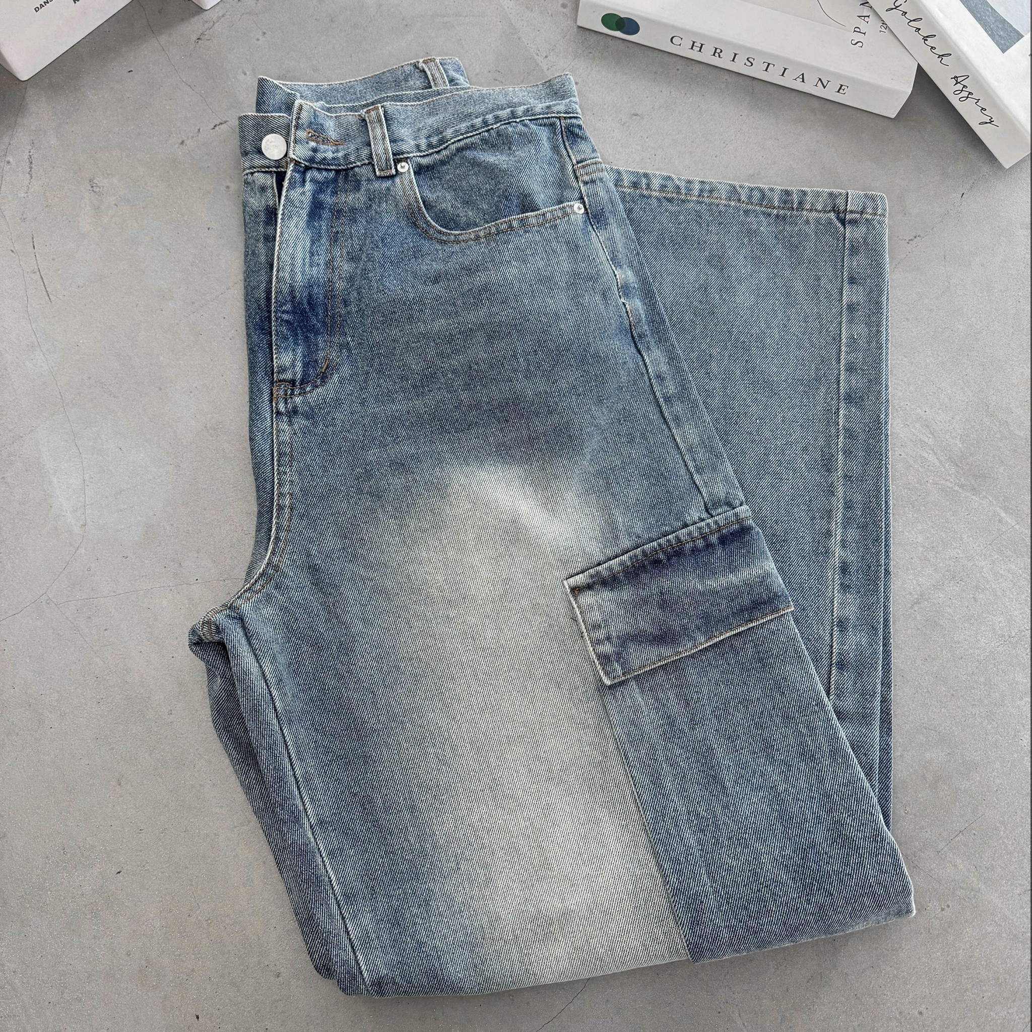 T+CC 重磅水洗口袋牛仔寬版落地褲 68789