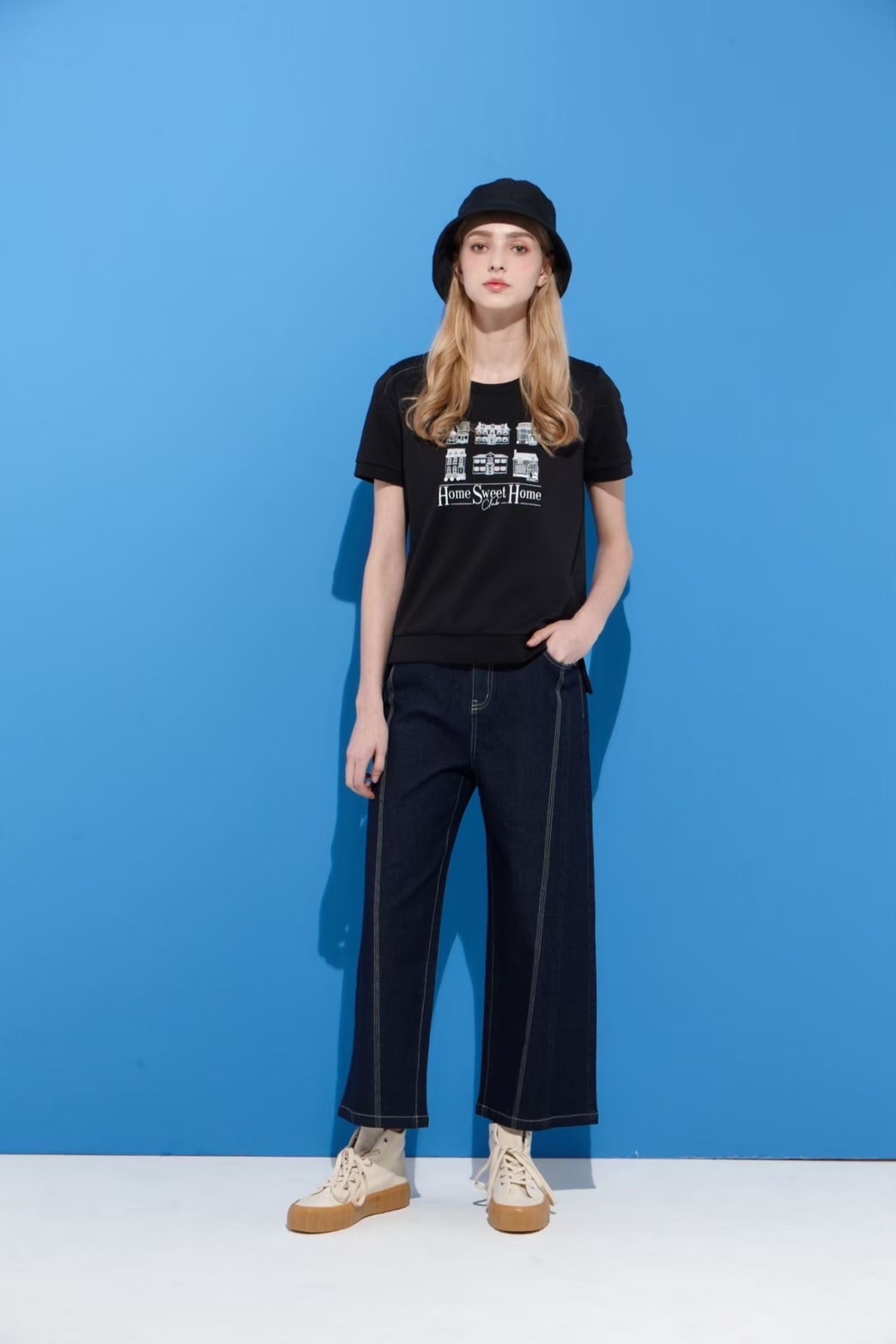 個性車線配色剪裁修身顯瘦九分牛仔寬管褲U6612