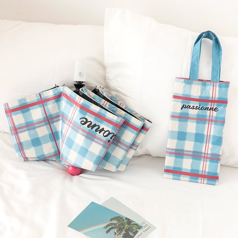 《4311》多巴胺藍粉格子晴雨兩用摺疊傘((附手提袋))