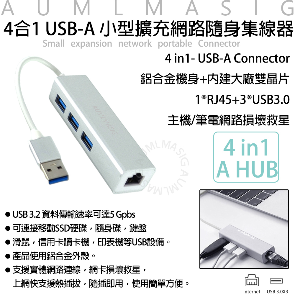 【AUMLMASIG全通碩】4合1 USB-A 小型擴充網路RJ45隨身集線器 / USB TYPE-A轉RJ45有線網路適配器1000Mbp，鋁合金機身+內建大廠雙晶片1*RJ45+3*USB3.0 主機/筆電網路損壞救星 *USB 3.2 資料傳輸速率可達5 Gpbs *可連接移動SSD硬碟，隨身碟，鍵盤 *滑鼠
