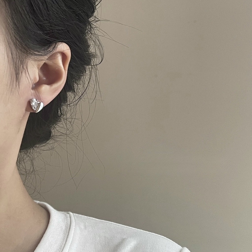 silver銀鑽水滴小愛心耳釘